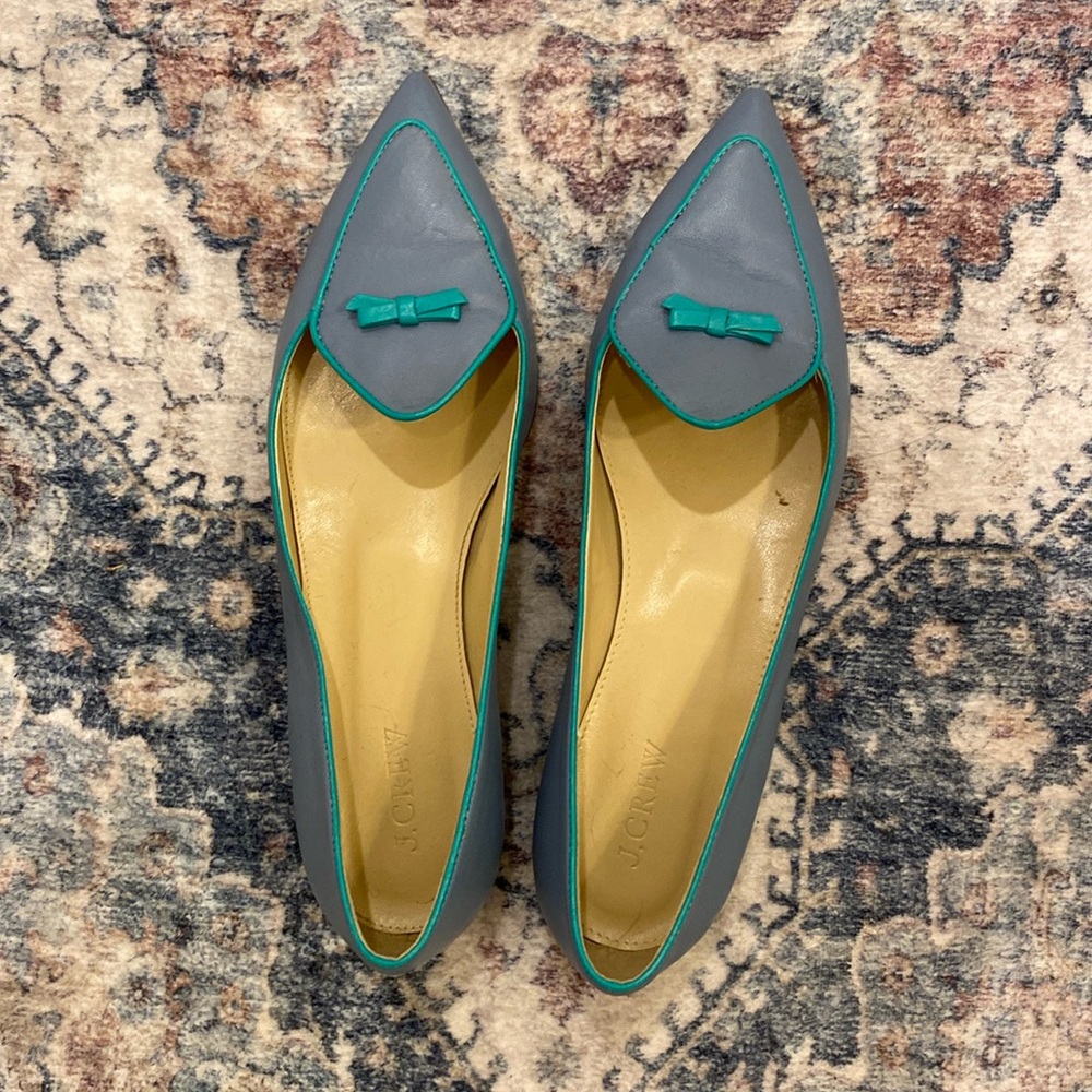 J. Crew Smokey Blue Green Bow Italian Leather Pointy Toe Flats Women’s Size 9.5